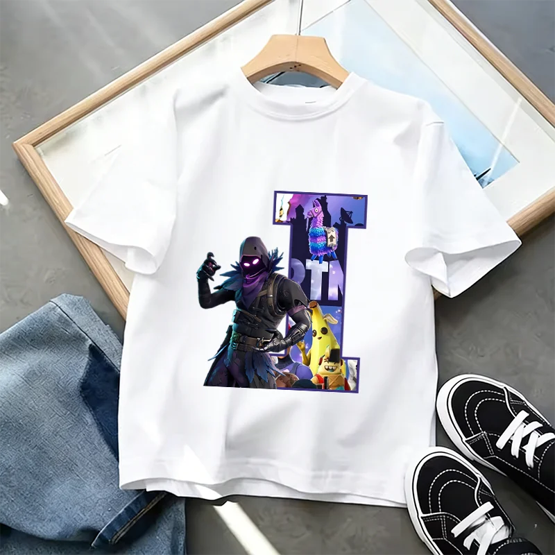 Tricou Fortnite cu imprimeu alfabet A-Z, de vară, pentru copii, alb, îmbrăcăminte cu joc cartoon popular, tricou fashion casual cu mânecă scurtă, cadou
