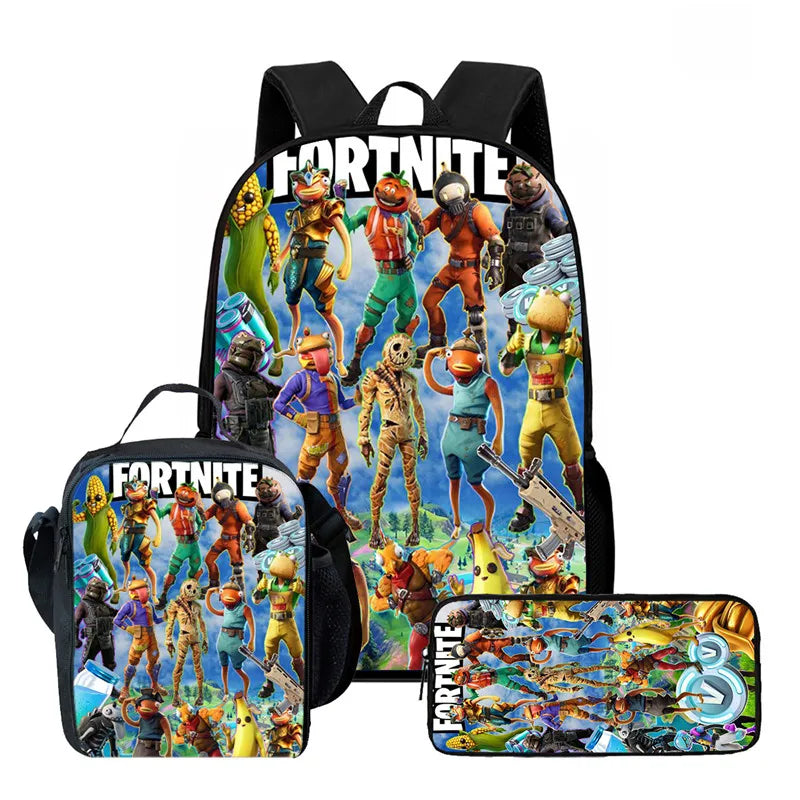 Fortnite Cartoon 3pcs Backpack Set for Boys Girls Unisex Including School Bag Lunch Bag Pencil Case Suitable for ages 5-8