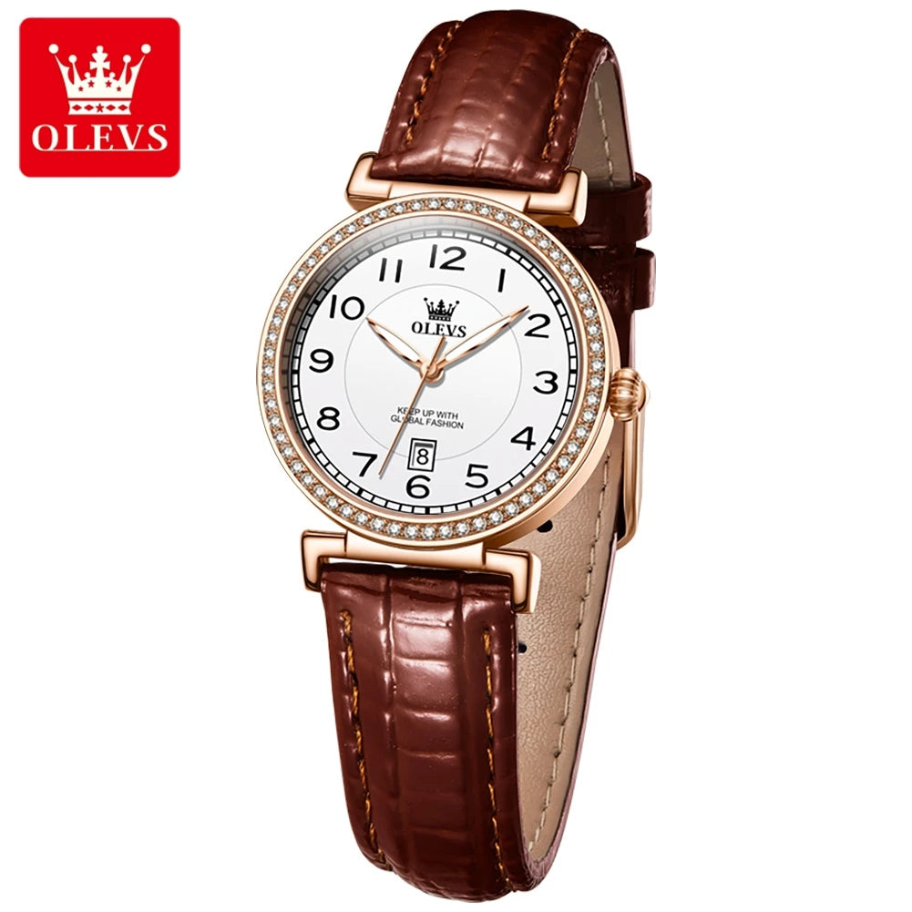 OLEVS 2025 New Fashion Womens Watches Top Brand Luxury Leather Strap Waterproof Calendar Diamond  Quartz Watch Relogio Feminino