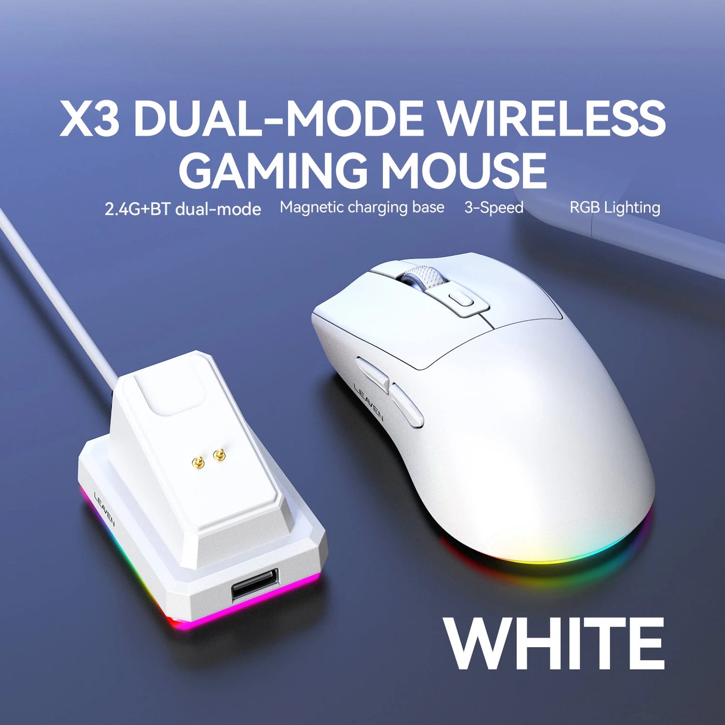 Dual-Mode Wireless Mouse | Magnetic Charging Dock | RGB Backlit | 3-Speed DPI (800-1200-1600) | 2.4G/BT | Suitable for daily use