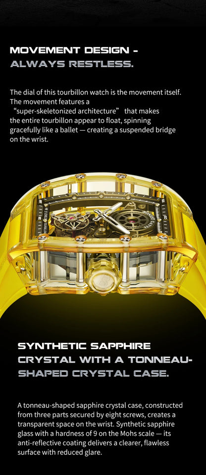 BONEST GATTI Automatic Movement Tourbillon Mechanical Wristwatch Crystal Case Luminous Watch Fluororubber Strap Watches for Men