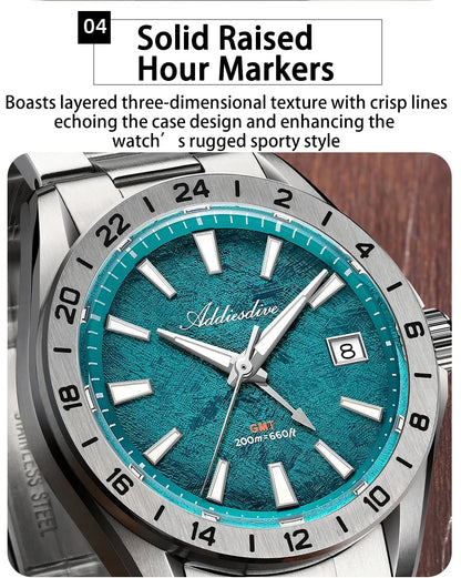 ADDIESDIVE Luxury Swiss Ronda GMT Watch 200M Water Resistant Dual Time Zone BGW9 Luminous 38mm Stainless Steel Quartz Movement