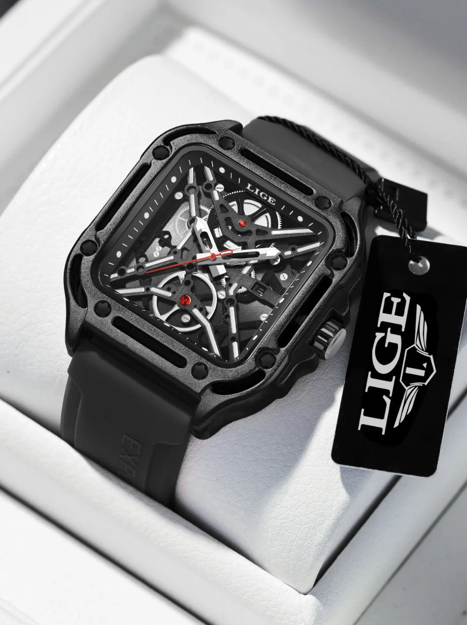 LIGE New Fashion Men Watches Luxury Large Dial Square Design Quartz Watch Casual Silicone Band Men's Sports Watches Reloj Hombre