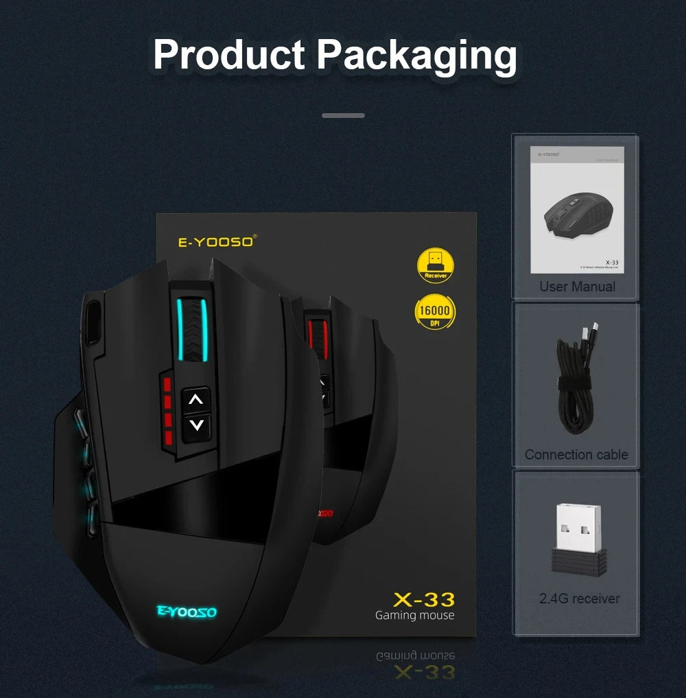 E-YOOSO RGB USB 2.4G Wired Gaming Mouse X-33 16000DPI 18 Buttons Programmable Backlight Game Mice Suitable for Desktop Laptop PC