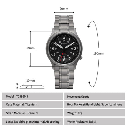 BERNY Full Titanium Watches for Men Outdoor Quartz Men's Field Wristwatch VH31 Super Luminous Sapphire Easy Read Watch