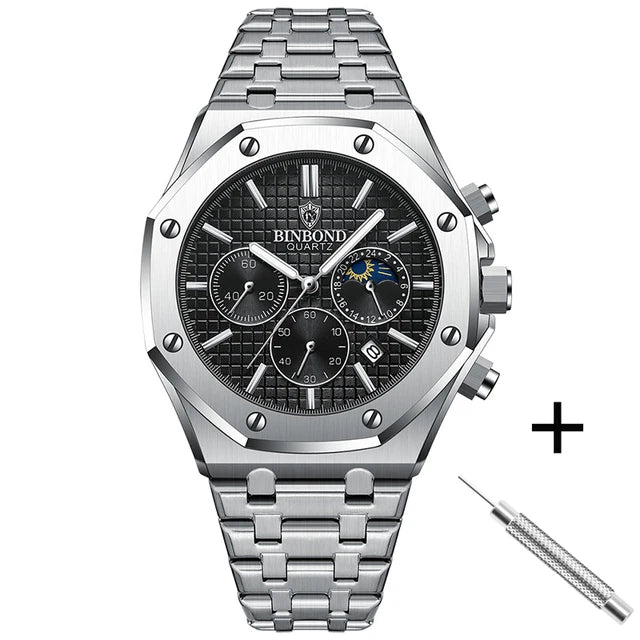 BINBOND 0161 Brand Man Quartz Watch Luxury Luminous Chronograph Wristwatch Stainless Steel Waterproof Men Date Calendar Clock