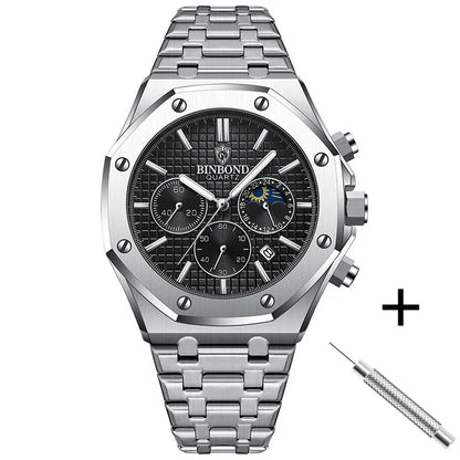 BINBOND 0161 Brand Man Quartz Watch Luxury Luminous Chronograph Wristwatch Stainless Steel Waterproof Men Date Calendar Clock