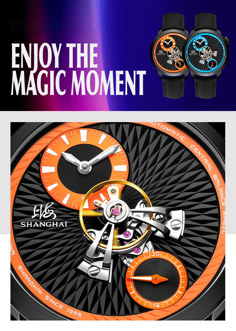 Shanghai Watch Sky Dome Men's Automatic Watches 42mm Center Flywheel Mechanical Wristwatch 5Bar Waterproof Watches Reloje S2101