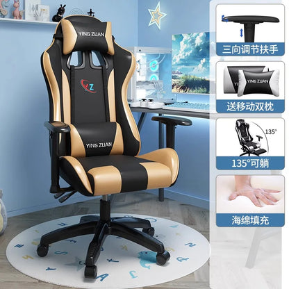 Scaun de gaming, scaun pentru computer, șezut confortabil rabatabil, pentru jocuri și live streaming, dormitor, studenți, acasă, ergonomie pentru stat prelungit pe scaun