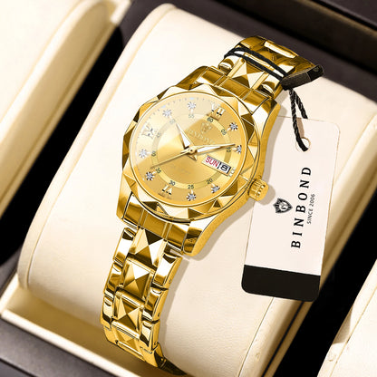 Montre pour femme BINBOND : montre à quartz robuste, luxueuse, luminescente et étanche, dotée d'un affichage précis de la date et du jour de la semaine.