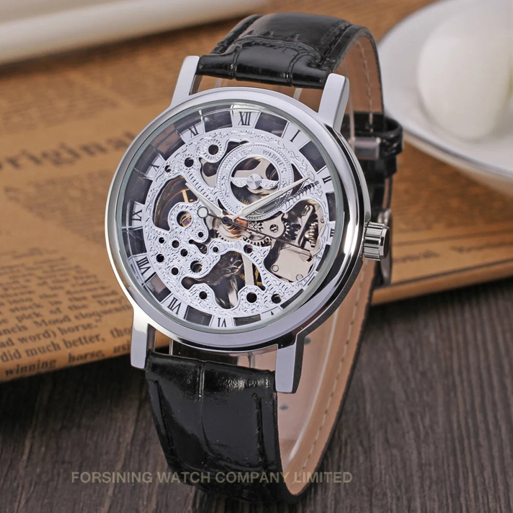 T-Winner Popular Lovers Skeleton Design Gold Watches Mechanical Hand Wind Movement PU Leather Strap Wristwatch for Men Women
