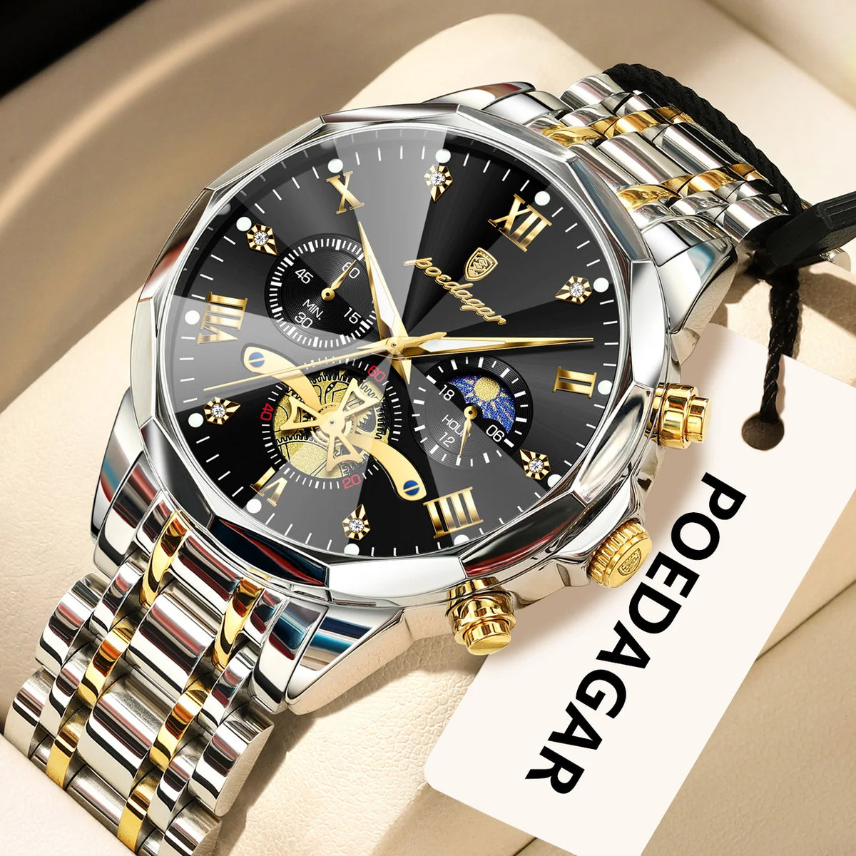 Montre homme POEDAGAR de luxe originale, étanche, chronographe lumineux, montre-bracelet en acier inoxydable à quartz, montres haut de gamme pour hommes