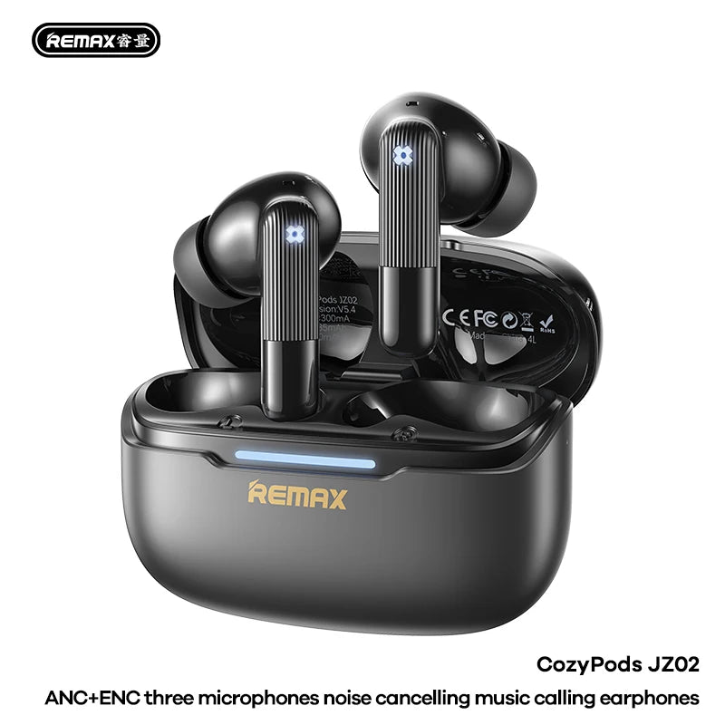 Écouteurs sans fil Remax ANC, réduction de bruit de 45 dB, 6 micros, ENC, appels HD, Cozypods JZ02, mode gaming, faible latence, 42h