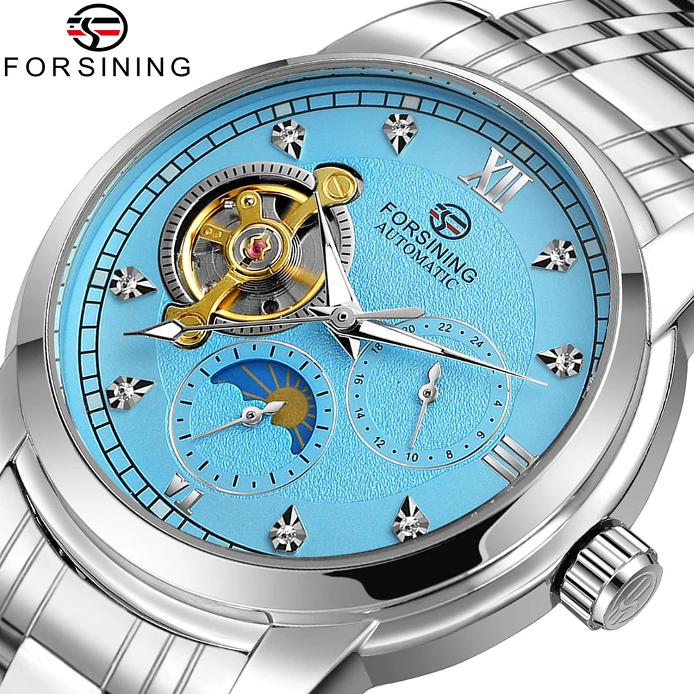 Orologio meccanico automatico da uomo Forsining – Stile lussuoso, business e alla moda, bracciale in metallo, tourbillon, lancette luminescenti, impreziosito da diamanti sintetici