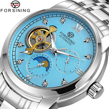 Orologio meccanico automatico da uomo Forsining – Stile lussuoso, business e alla moda, bracciale in metallo, tourbillon, lancette luminescenti, impreziosito da diamanti sintetici