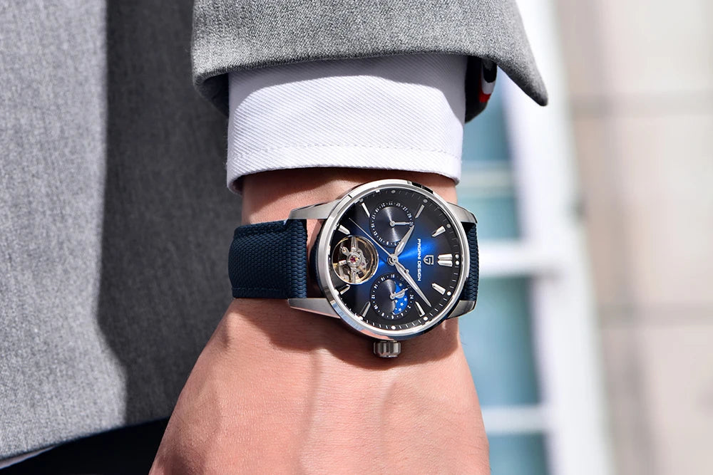 PAGANI DESIGN – Montre mécanique de luxe pour homme, 41 mm, verre saphir, bracelet en cuir, étanche, style pilote, avec tourbillon et phase de lune