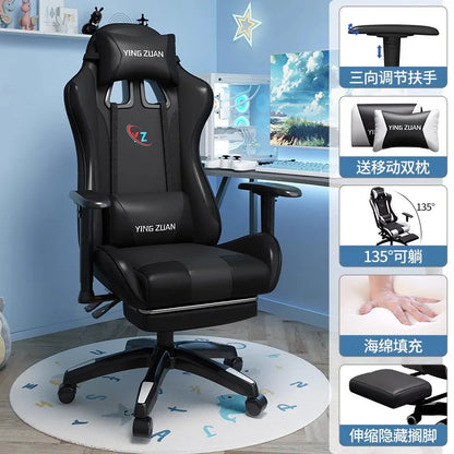 Scaun de gaming, scaun pentru computer, șezut confortabil rabatabil, pentru jocuri și live streaming, dormitor, studenți, acasă, ergonomie pentru stat prelungit pe scaun