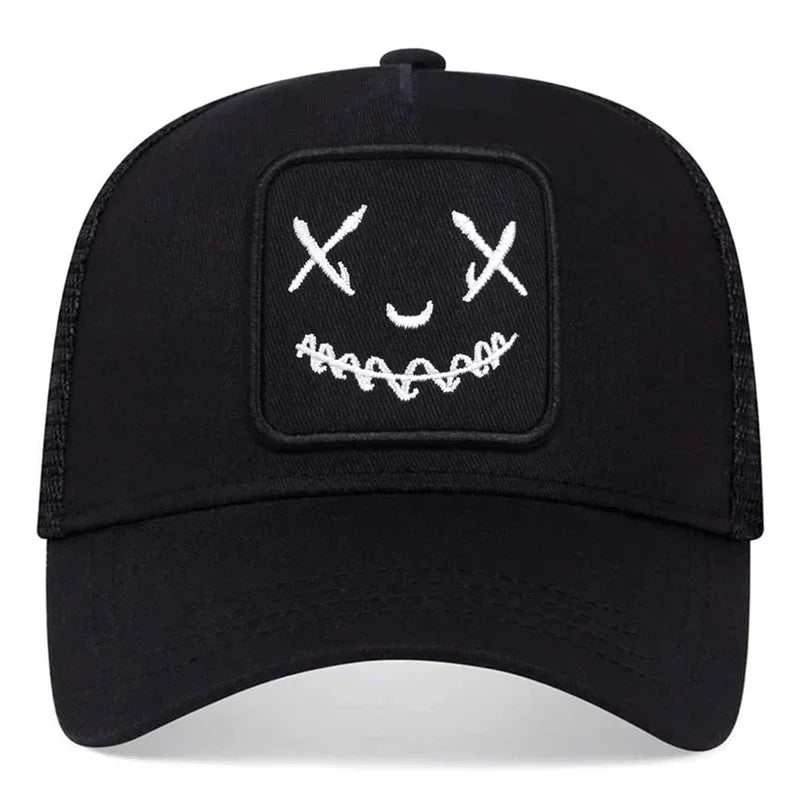 Uomo Donna Cappellini da baseball con ricamo a forma di faccina sorridente in cotone, regolabili con chiusura a scatto, cappellini Hip Hop in rete, cappellini estivi da esterno, cappellini da sole, cappellini da papà