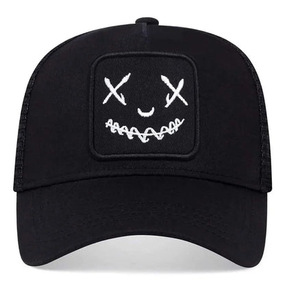 Uomo Donna Cappellini da baseball con ricamo a forma di faccina sorridente in cotone, regolabili con chiusura a scatto, cappellini Hip Hop in rete, cappellini estivi da esterno, cappellini da sole, cappellini da papà