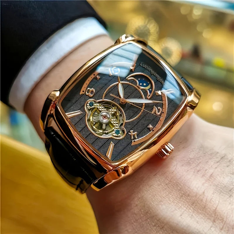 [Relógio mecânico de luxo com turbilhão] Relógio mecânico de luxo com turbilhão, leve, para homem – Modelo topo de gama totalmente automático, com o estilo «esqueleto» em voga, ideal para um look profissional ou