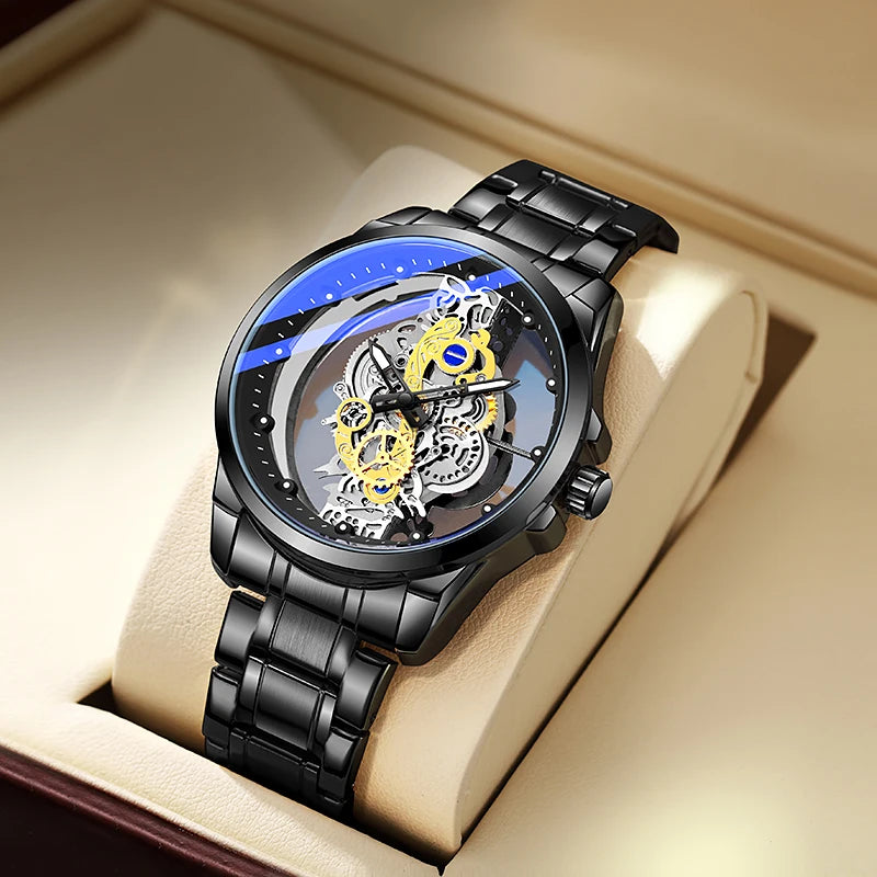 TPW Men’s Luxury Black & Gold Skeleton Quartz Watch Fashion Wristwatch