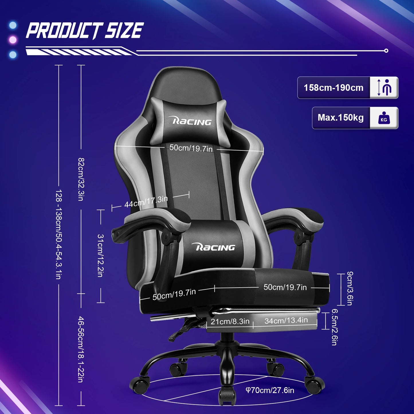 AUTHMIC Ergonomic Gaming Chair with 170° Reclining Backrest, Foldable Footrest, Soft Armrests, Supports150kg,Breathable Material