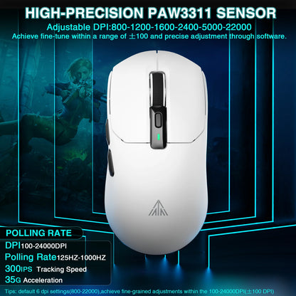 Bezdrátová herní myš SOLAKAKA SM820 Tri-mode s magnetickou dobíjecí stanicí, RGB, PAW3311, 24000DPI, bezdrátová makro myš, ultralehká
