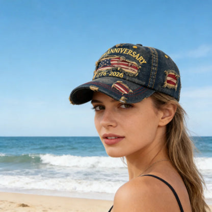 Vintage USA Flag 250th Anniversary 1776-2026 Distressed Denim Baseball Cap Adjustable Patriotic Dad Hat for Men Women