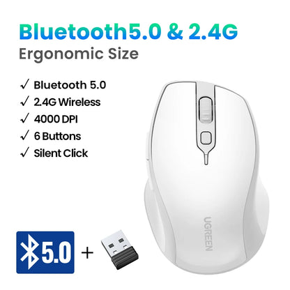 UGREEN Wireless Mouse Bluetooth 5.0 Ergonomic 4000 DPI 6 Mute Buttons For MacBook Computer Tablet Laptop PC 2.4G Mice Mouse