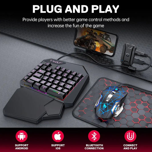 Gamer Kit Mobile Gaming Keyboard Mouse Mobile Games Converter 3 In 1 Combo One Hand Keyboard for PUBG Mobile Games TF900
