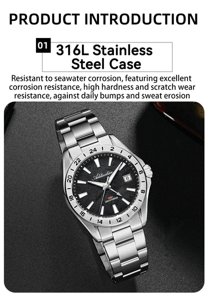 ADDIESDIVE Luxury Swiss Ronda GMT Watch 200M Water Resistant Dual Time Zone BGW9 Luminous 38mm Stainless Steel Quartz Movement