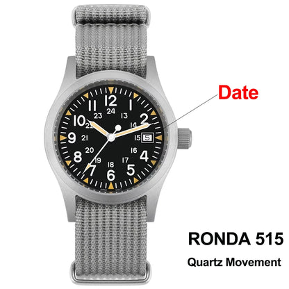 Militado ML05 38mm Military Field Watch VH31 Sweep Quartz Movement Domed Sapphire Crystal Waterproof 100M Super Luminous Watches