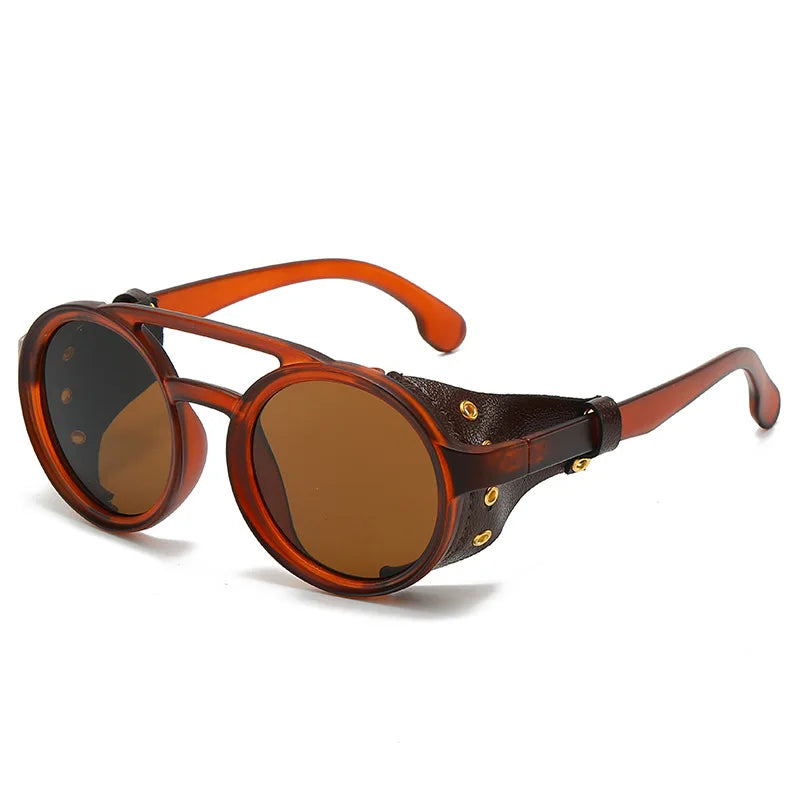 Retro Sunglasses Men Women Leather Round Glasses Vintage Goggles Anti Wind Outdoors Sports Sun Glasses UV400