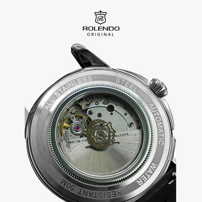 ROLENDO 1908 Men Automatic Mechanical Watch 21 Jewels Black Genuine Leather Business Wristwatch Waterproof Luxury Male Timepiece