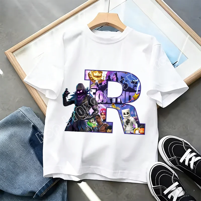 Tricou Fortnite cu imprimeu alfabet A-Z, de vară, pentru copii, alb, îmbrăcăminte cu joc cartoon popular, tricou fashion casual cu mânecă scurtă, cadou