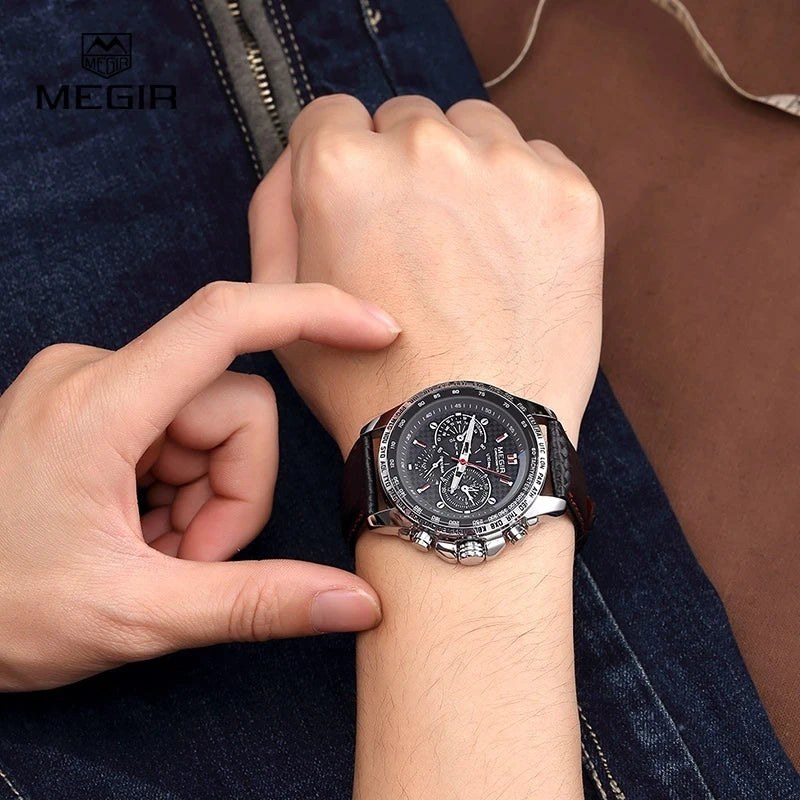 Ceas de mână analogic cu cuarț pentru bărbați MEGIR – Ceas de lux rezistent la apă, cu brățară din piele, stil casual, model 1010 (negru)