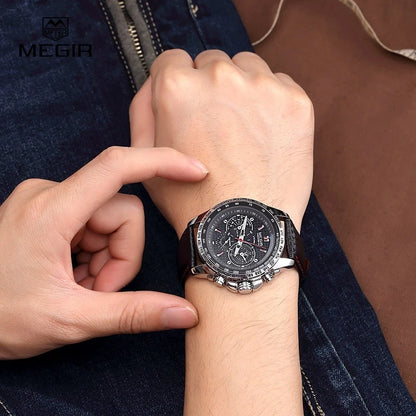 Ceas de mână analogic cu cuarț pentru bărbați MEGIR – Ceas de lux rezistent la apă, cu brățară din piele, stil casual, model 1010 (negru)