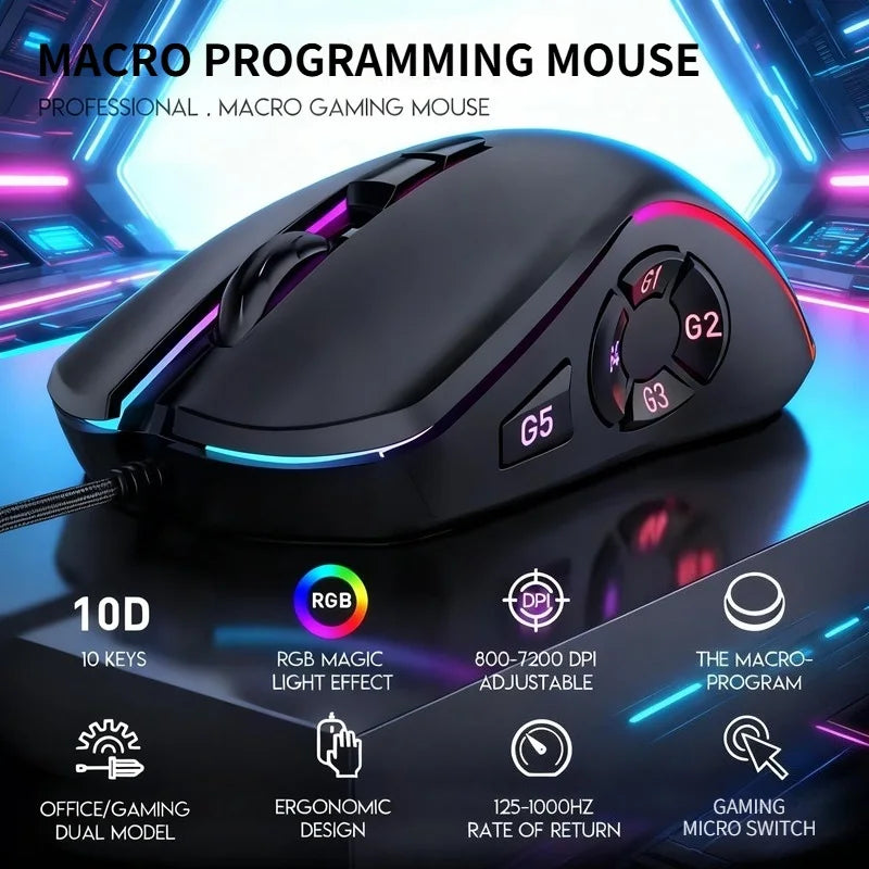 Kancelářská herní myš s kabelem 7200DPI, RGB podsvícení, 6 nastavitelných úrovní DPI, 10 programovatelných tlačítek, tlačítko návratu na plochu