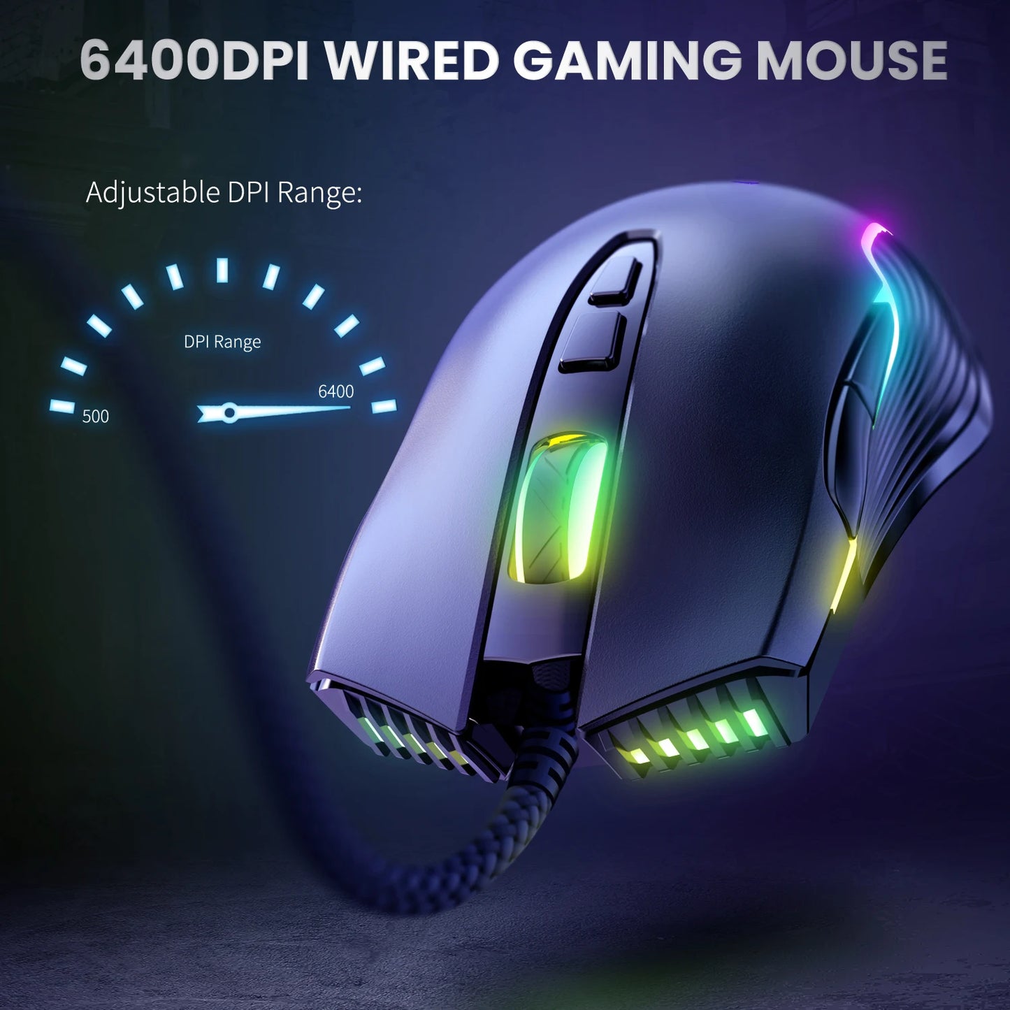 ONIKUMA langallinen pelihiiri, 6 säädettävää tasoa, 6400 DPI, 7 ohjelmoitavaa painiketta, 7 RGB-valaistustilaa, ergonominen hiiri PC-pelaajalle