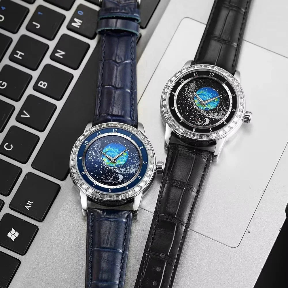 FORSINING Luxury Mens Automatic Mechanical Watch,Earth Star Moon Starry Milky Way Rhinestone Dial Leather Strap,3ATM Waterproof