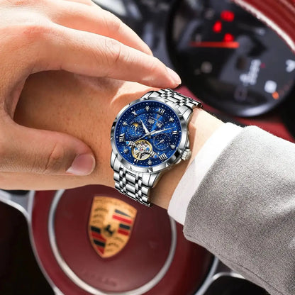 Montre mécanique automatique pour homme POEDAGAR – Modèle haut de gamme, boîtier en acier inoxydable, calendrier, tourbillon apparent
