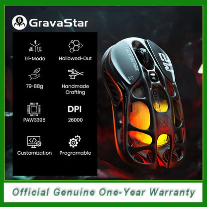 GravaStar Mercury M2 bezdrátová herní myš, lehká odlehčená konstrukce, 5 programovatelných úrovní DPI, 26,000 DPI, senzor PAW3395DM