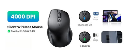 Trådløs mus Bluetooth 5.0 2.4G ergonomisk 4000DPI med 6 lydløse knapper til MacBook, tablet, bærbare computere, computer og PC