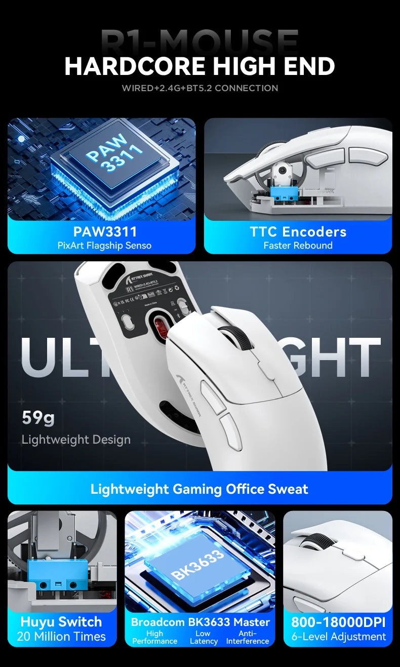 Mouse de gaming wireless Attack Shark R1 Lightweight Bluetooth 2.4G, PAW3311, 18000DPI, ergonomic, cu macrocomenzi