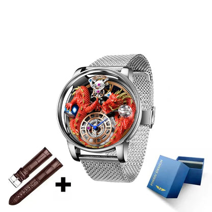 PINDU Fashion Roman Numeral Display Mineral Tempered Glass Material Quartz Movement 3ATM Waterproof Celestial Dragon Men's Watch
