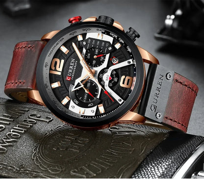 Relógio para homem CURREN 8329 – Estilo desportivo descontraído, design militar, bracelete em pele, cronógrafo na moda, relógio de luxo de grande marca