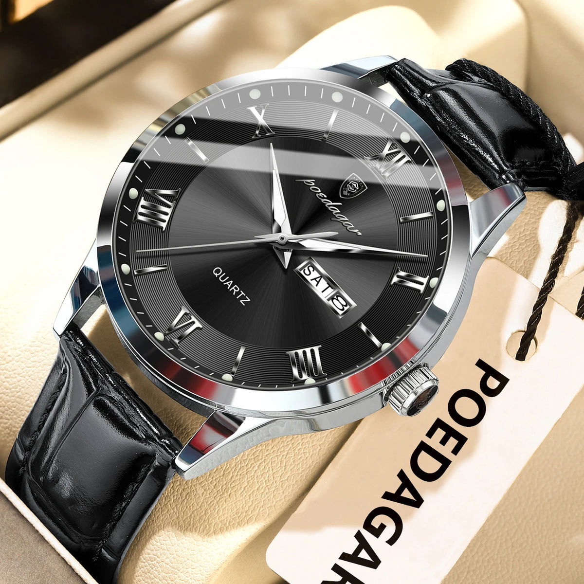 Trendy POEDAGAR men’s watch, leather strap, date and day display, luxury quartz watch, water-resistant, luminous, casual business style.
