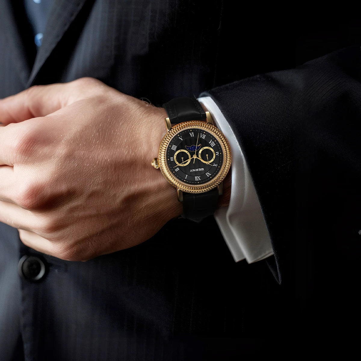 BERNY Watches for Men Luxury Dress Brand Business Gold Quartz Real Moons Man Watch S/S Sapphire Calendar Moon Phase Wristwatch