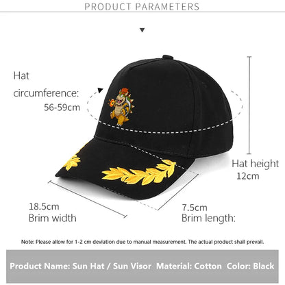 Bowser Embroidered Baseball Cap Black with Yellow Laurel Wreath Design Classic Adjustable Hat for Fans of Super Mario Series