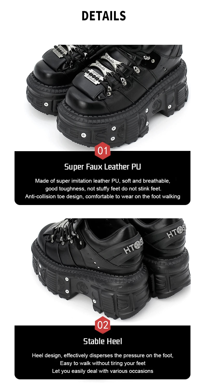 2026 New Punk Style Women Shoes Lace-up Heel Height 6CM Platform Shoes Woman Gothic Ankle Rock Boots Metal Decor Woman Sneakers